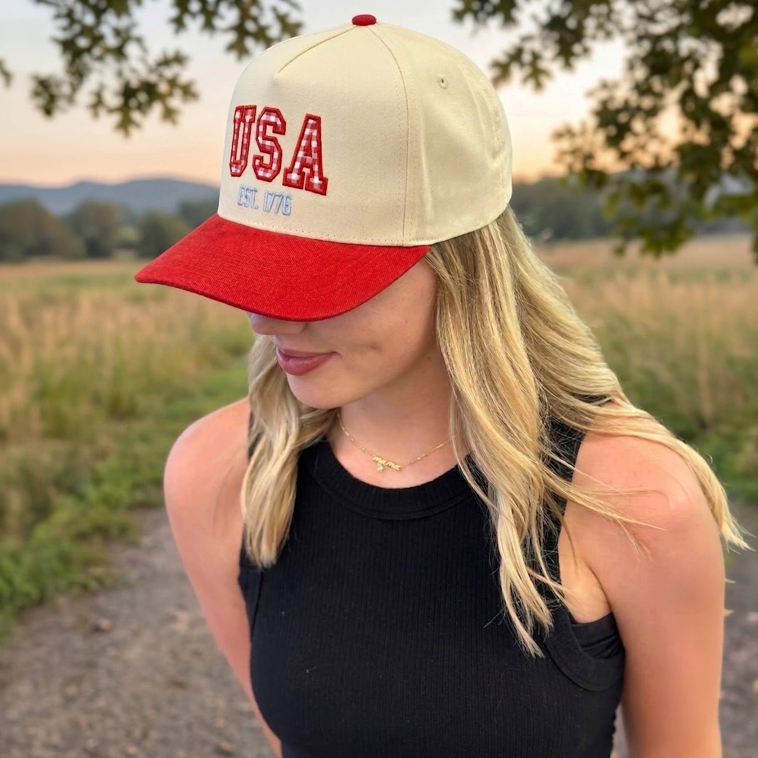C.C Gingham Check USA EST 1776 Letter Two Tone Trucker Hat: Navy