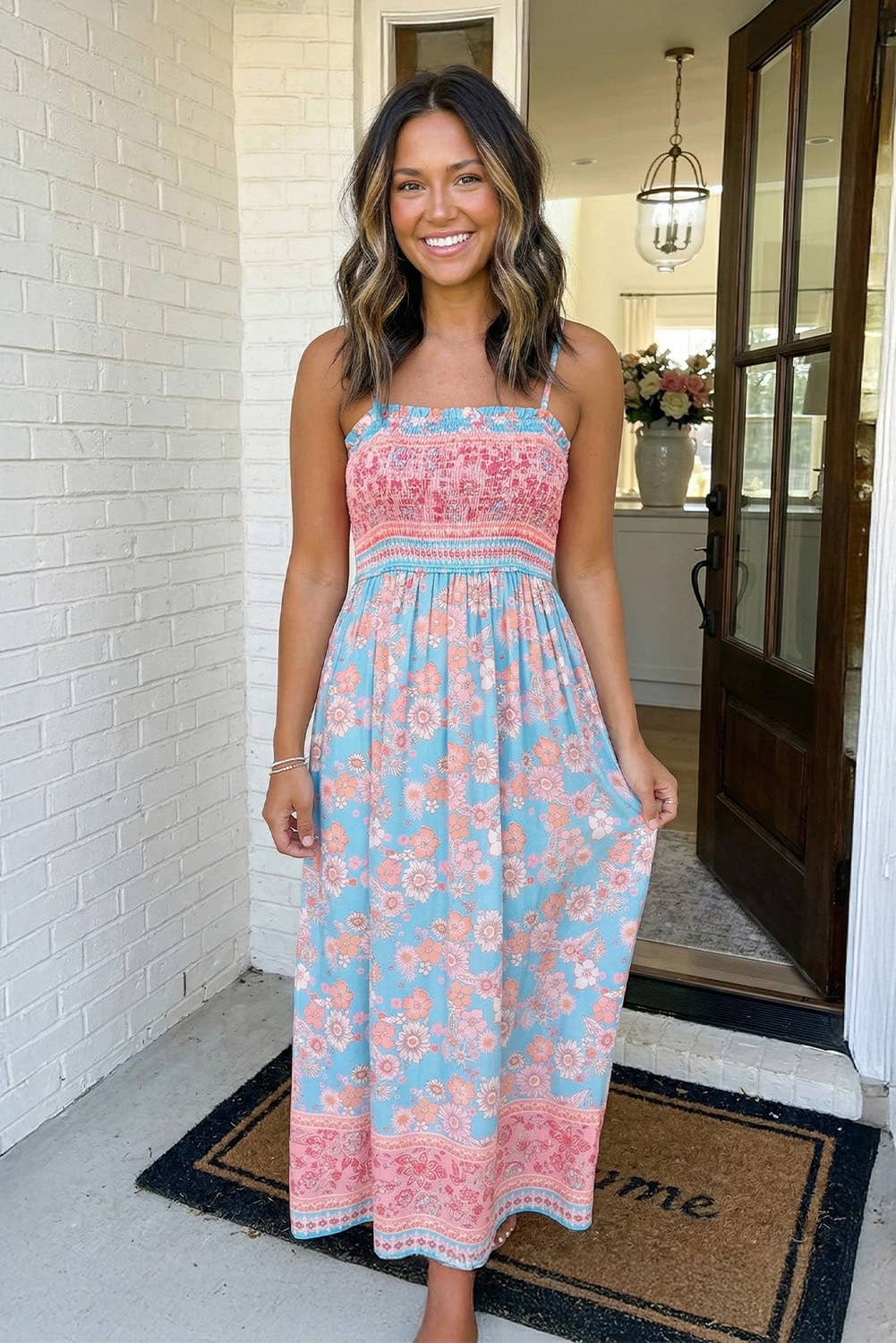 LAS Ethnic Floral Spaghetti Strap Vacation Maxi Skirt (S-XL)