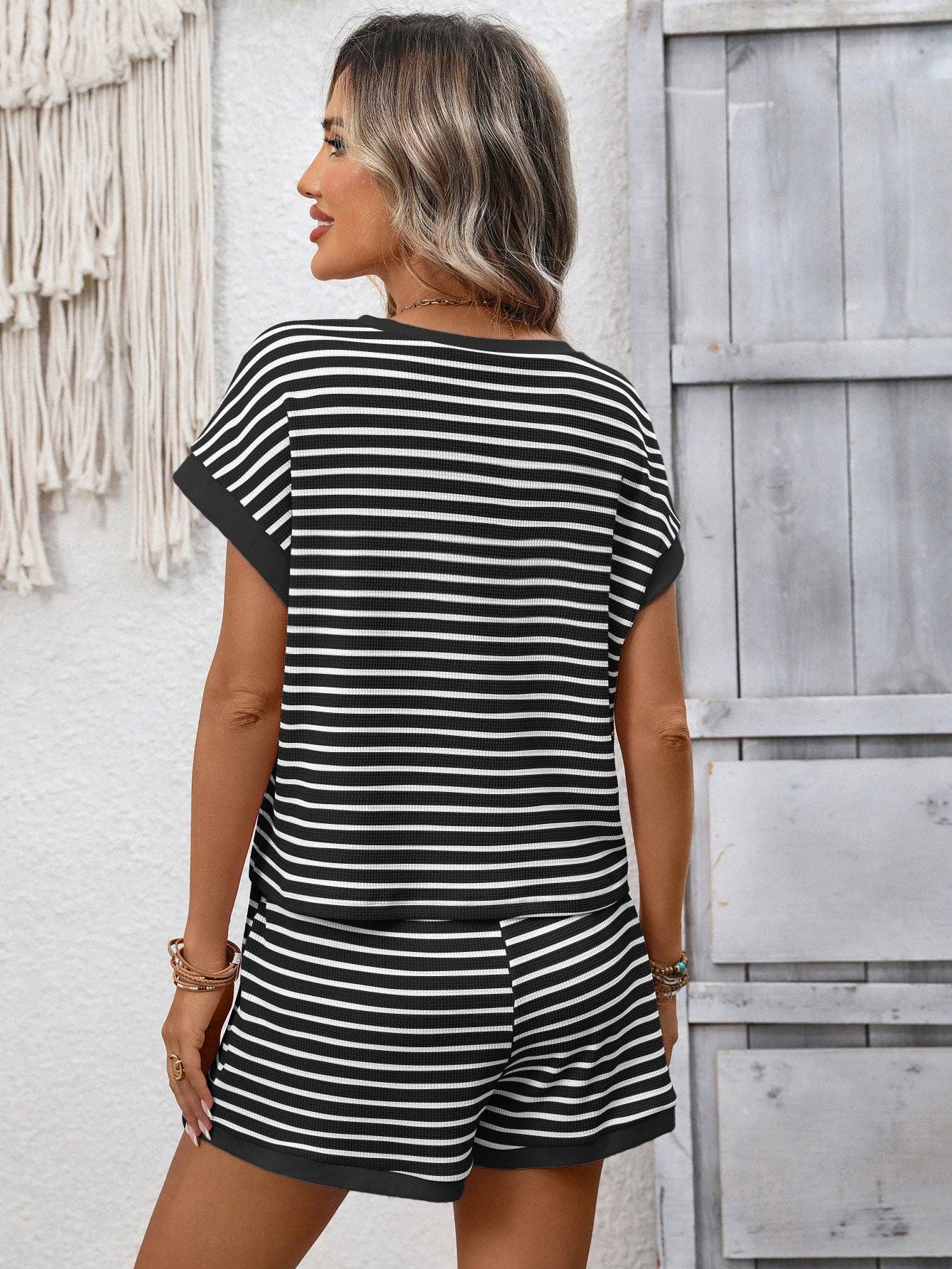 Striped Short Sleeve Top & Shorts Lounge Set: Apricot / 65%Viscose + 35%POLYESTER / L