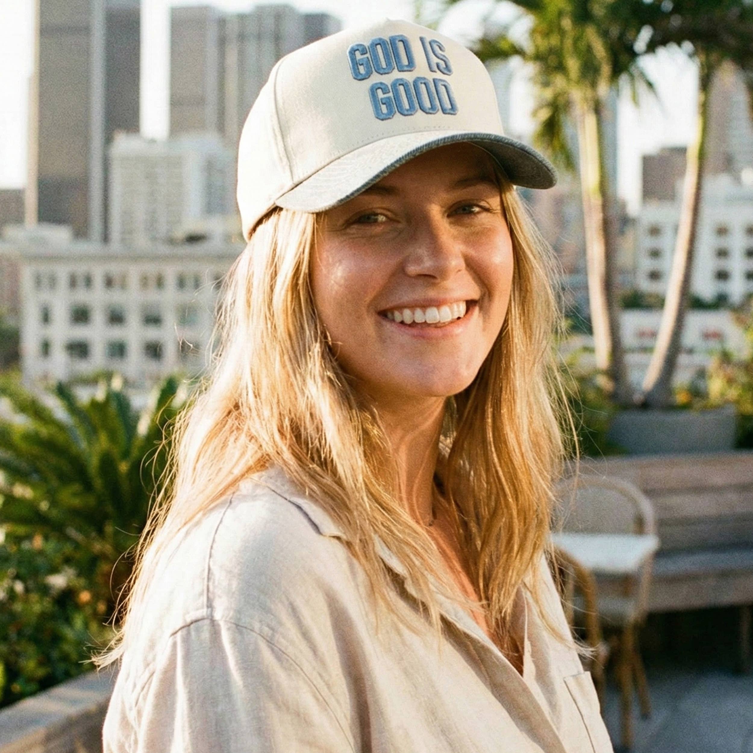 GOD IS GOOD Embroidered Letter Two Tone Trucker Hat