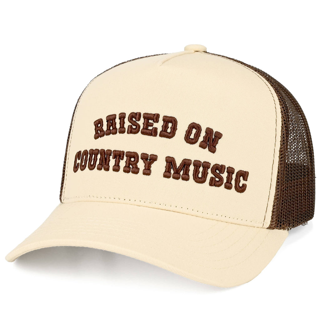 C.C RAISED ON COUNTRY MUSIC Letter on Two Tone Trucker Hat