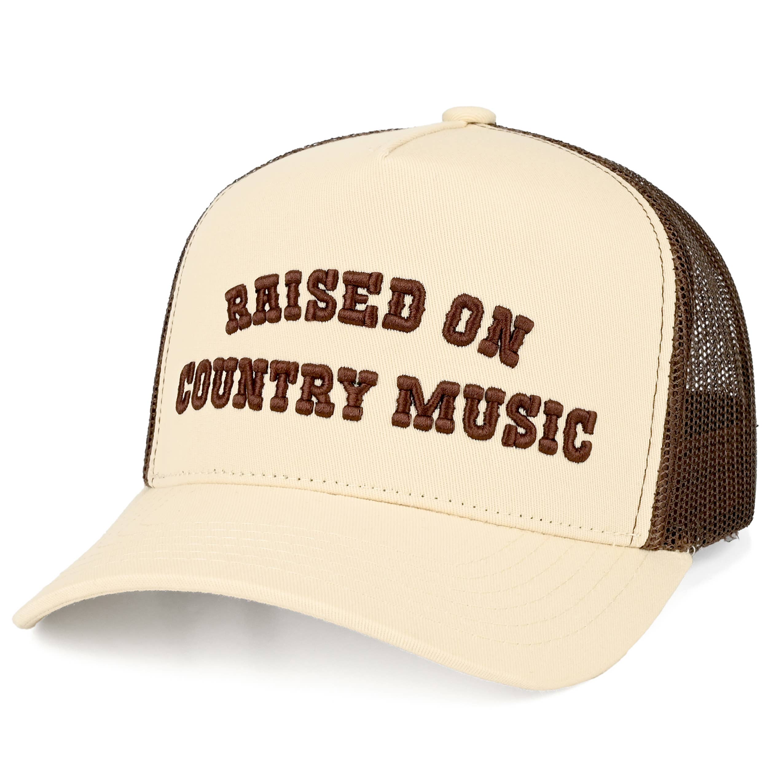 C.C RAISED ON COUNTRY MUSIC Letter on Two Tone Trucker Hat
