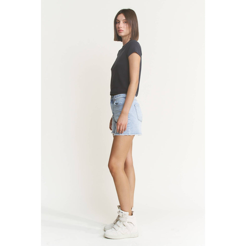 Mica Super High Rise Light Wash Shorts With Frayed Raw Hem
