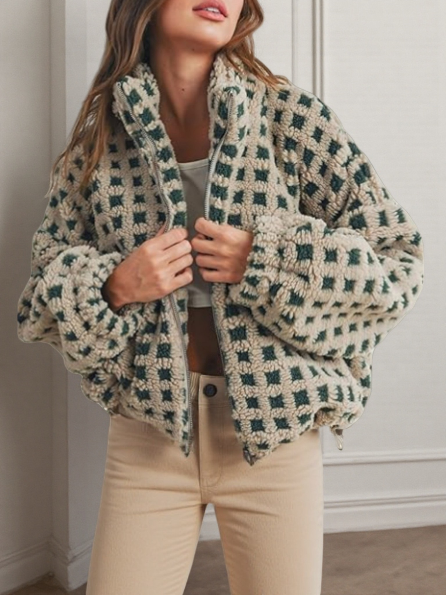 Checkered Gingham Sherpa Zip-up Jacket