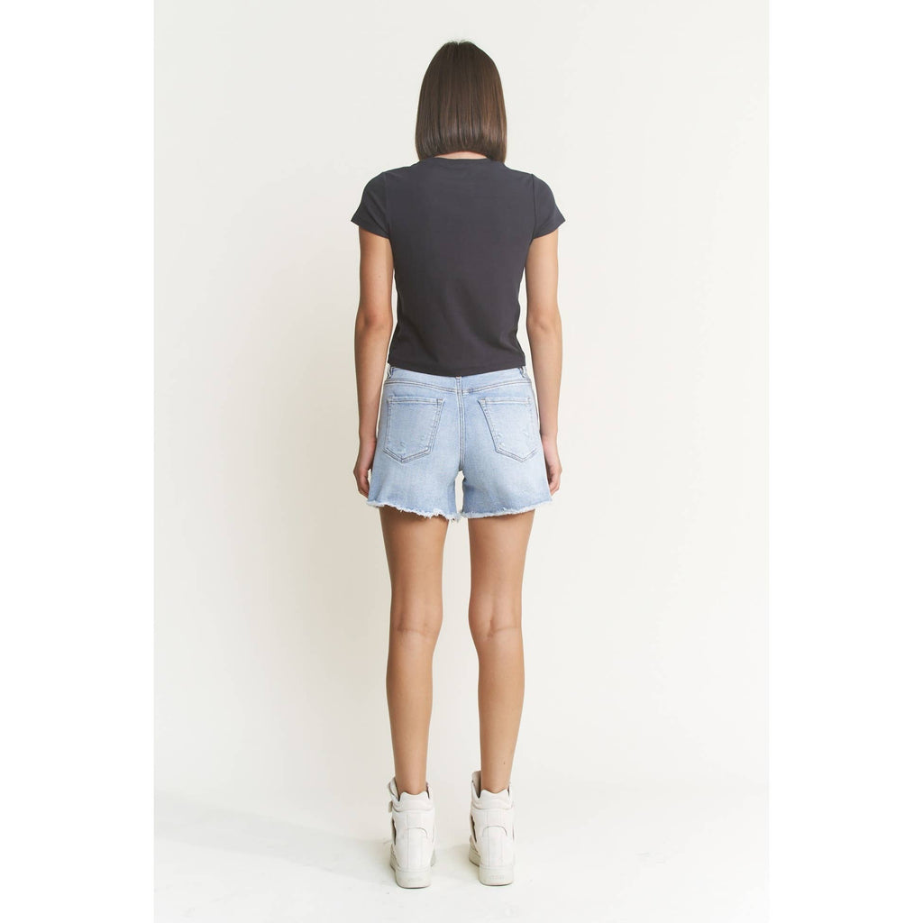 Mica Super High Rise Light Wash Shorts With Frayed Raw Hem
