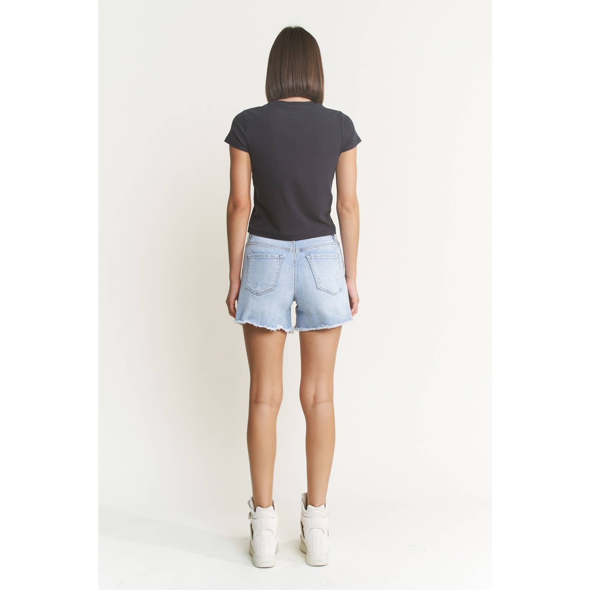 Mica Super High Rise Light Wash Shorts With Frayed Raw Hem