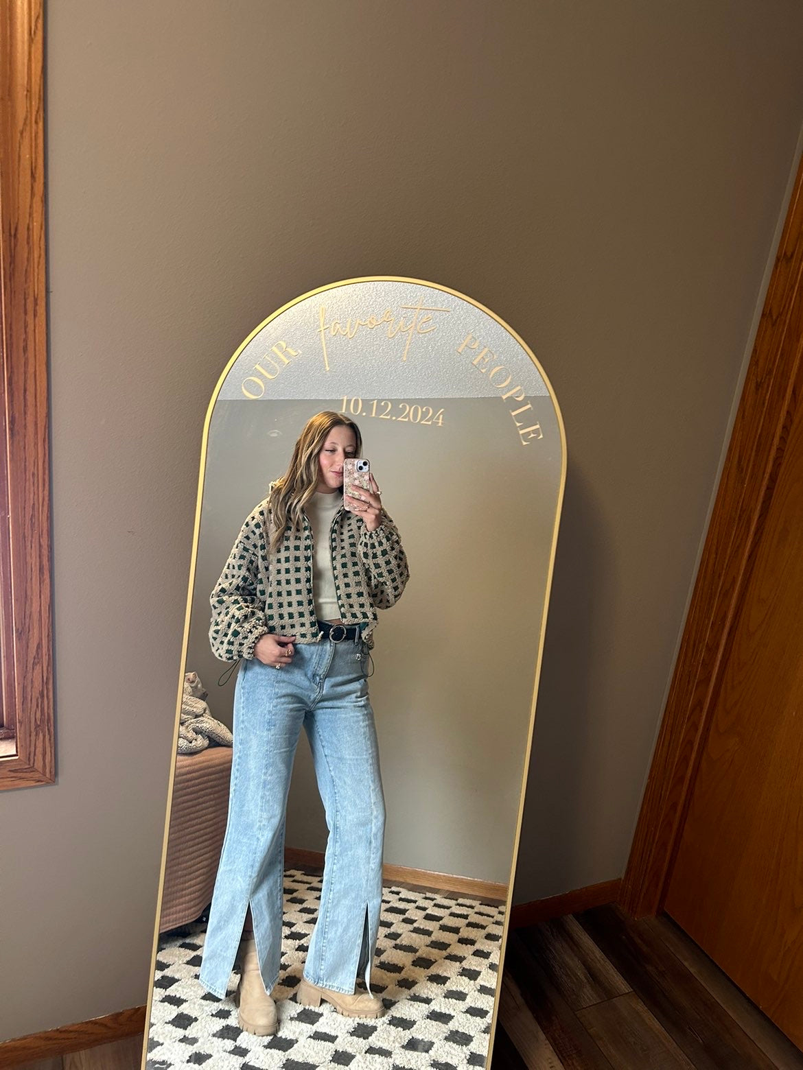 Checkered Gingham Sherpa Zip-up Jacket