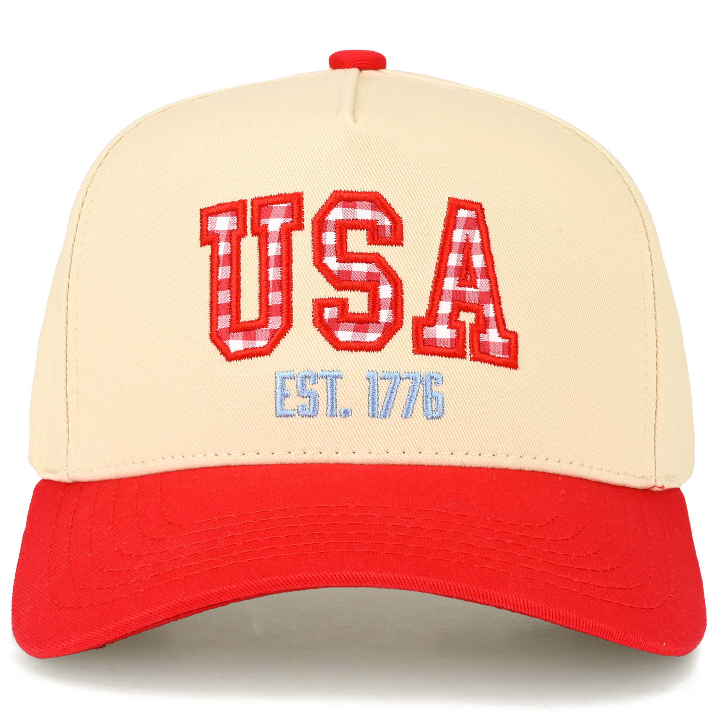 C.C Gingham Check USA EST 1776 Letter Two Tone Trucker Hat: Navy