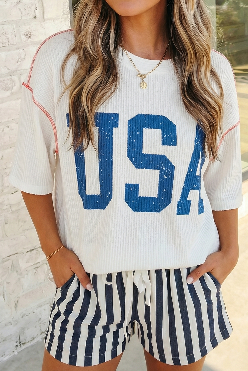 USA Graphic Half Sleeve Ribbed Top