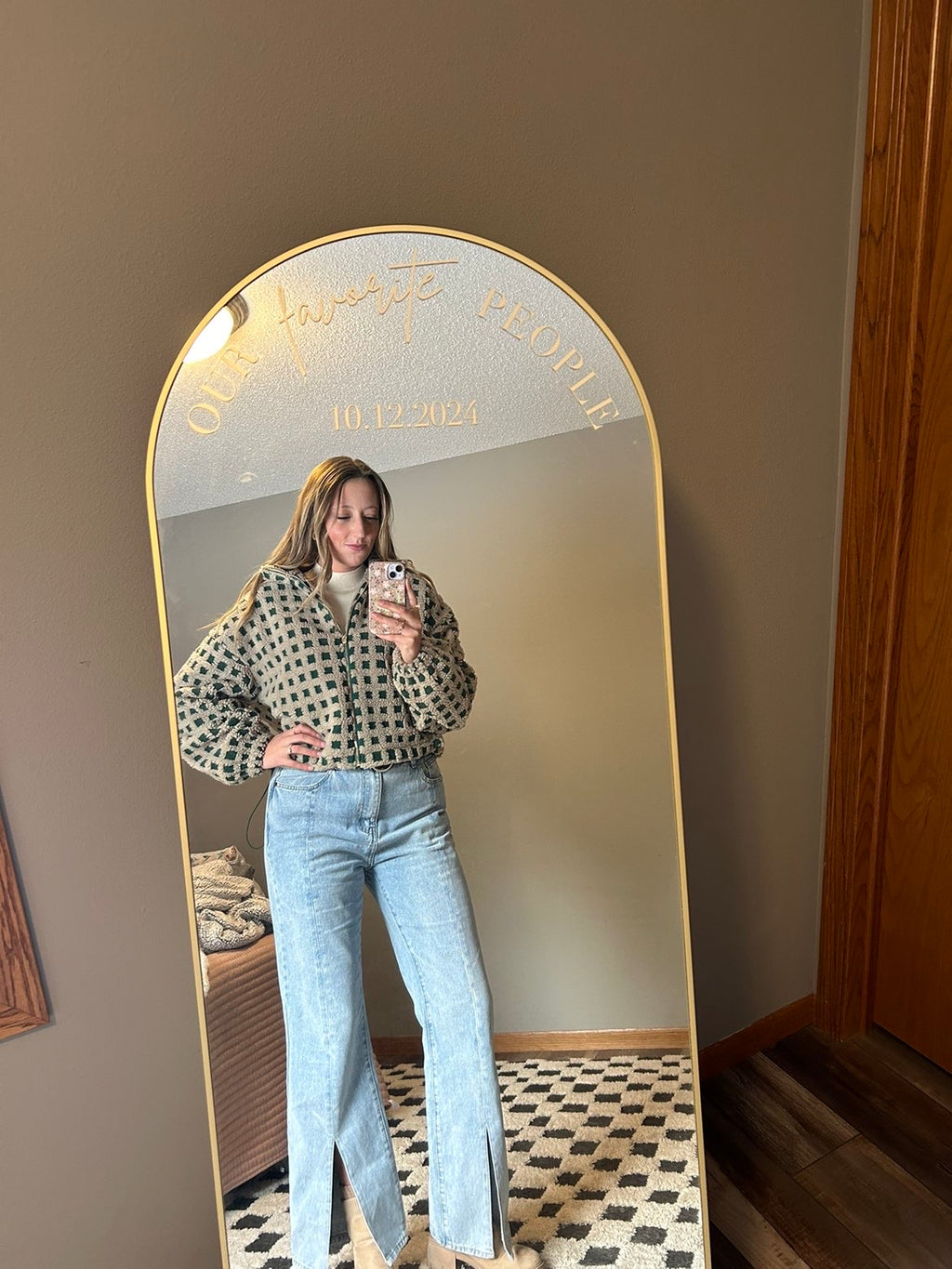 Checkered Gingham Sherpa Zip-up Jacket