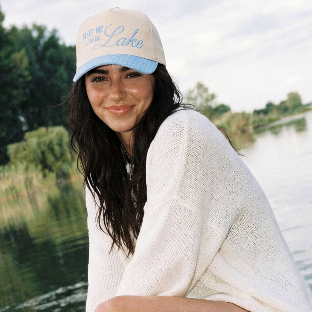 MEET ME AT THE LAKE Letter on Two Tone Trucker Hat