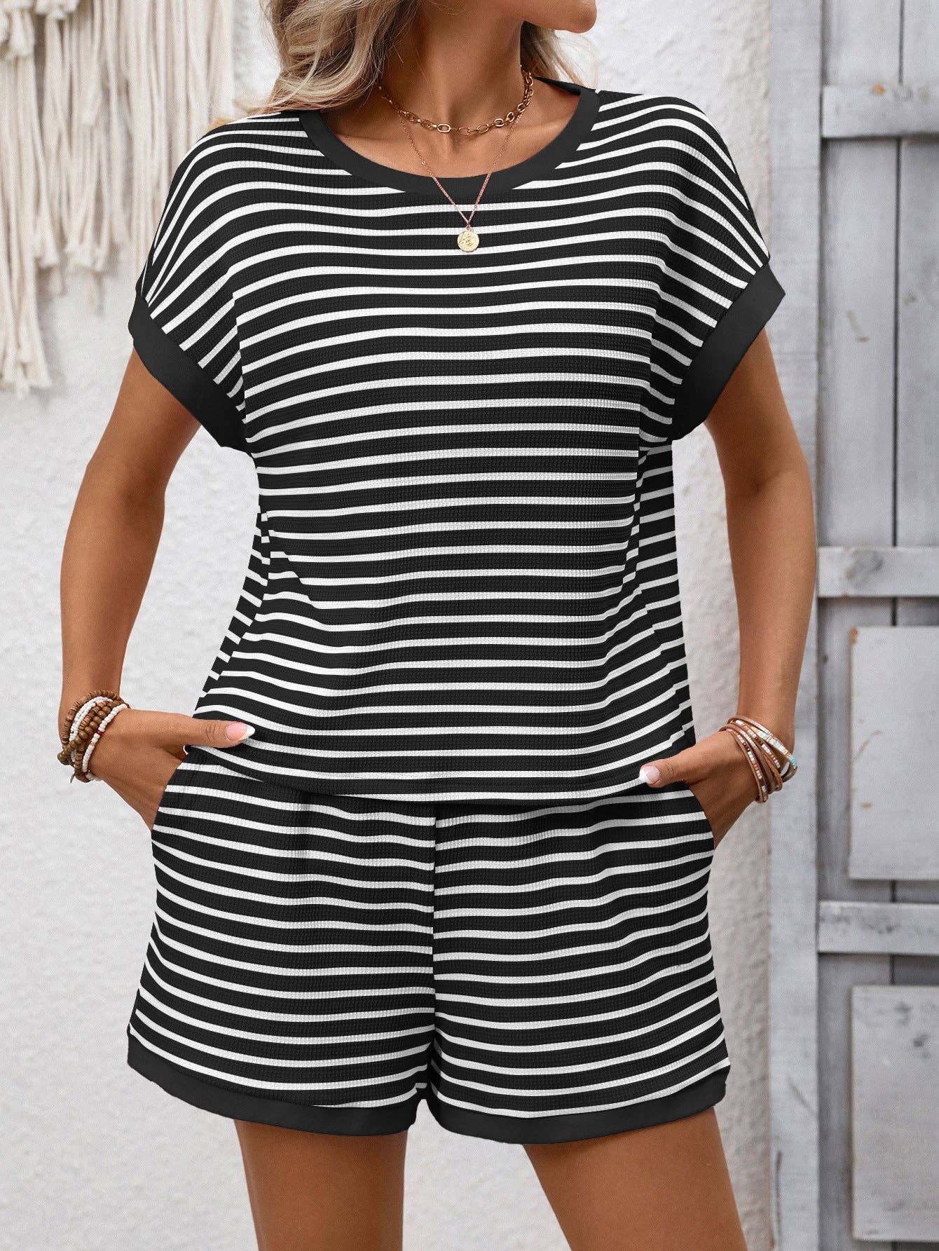 Striped Short Sleeve Top & Shorts Lounge Set: Apricot / 65%Viscose + 35%POLYESTER / L