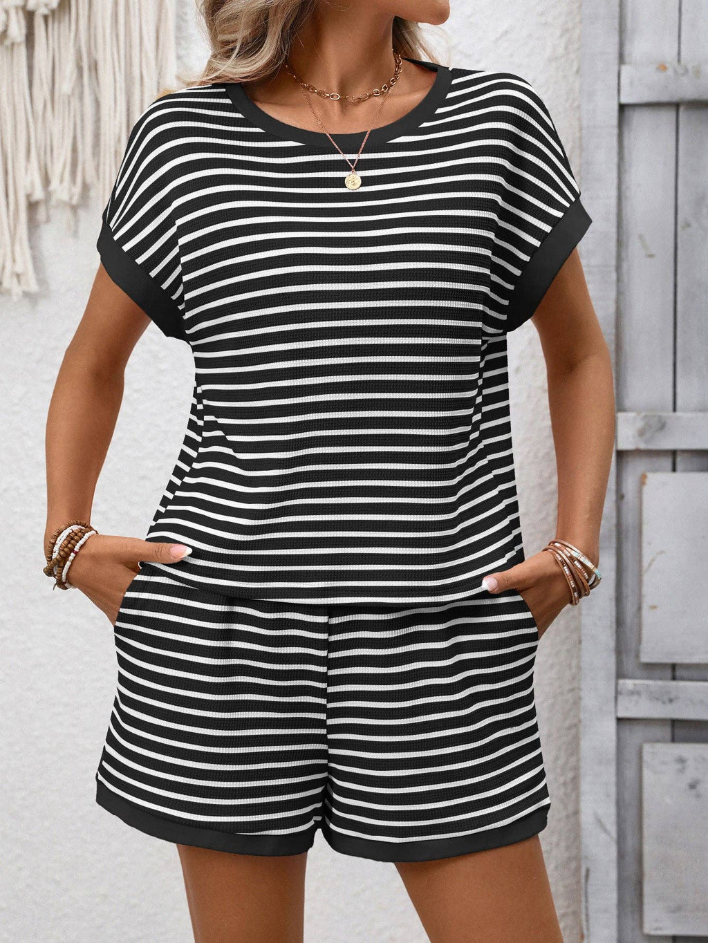 Striped Short Sleeve Top & Shorts Lounge Set: Green / 65%Viscose + 35%POLYESTER / L
