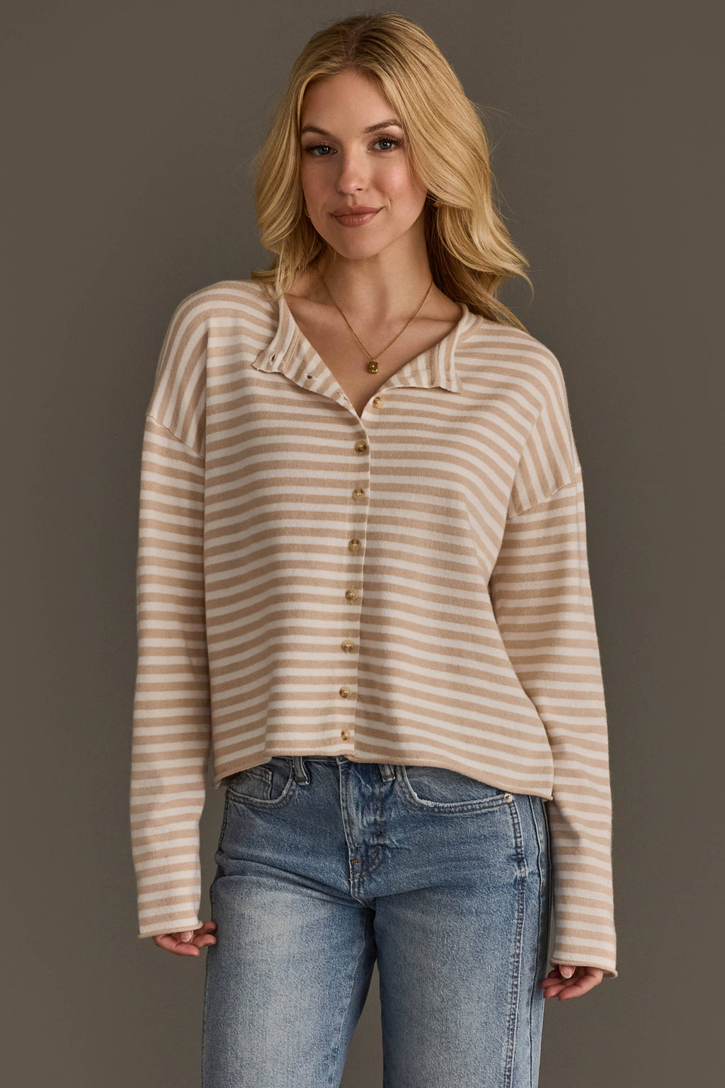 Beige & Off White Striped Cardigan