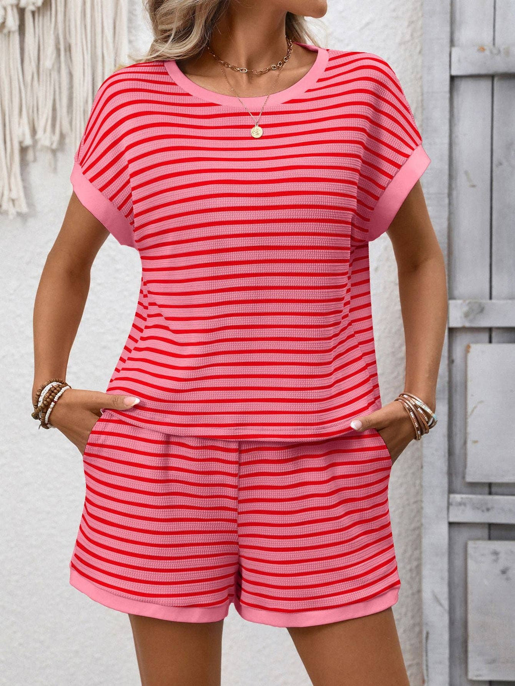 Striped Short Sleeve Top & Shorts Lounge Set: Green / 65%Viscose + 35%POLYESTER / XL