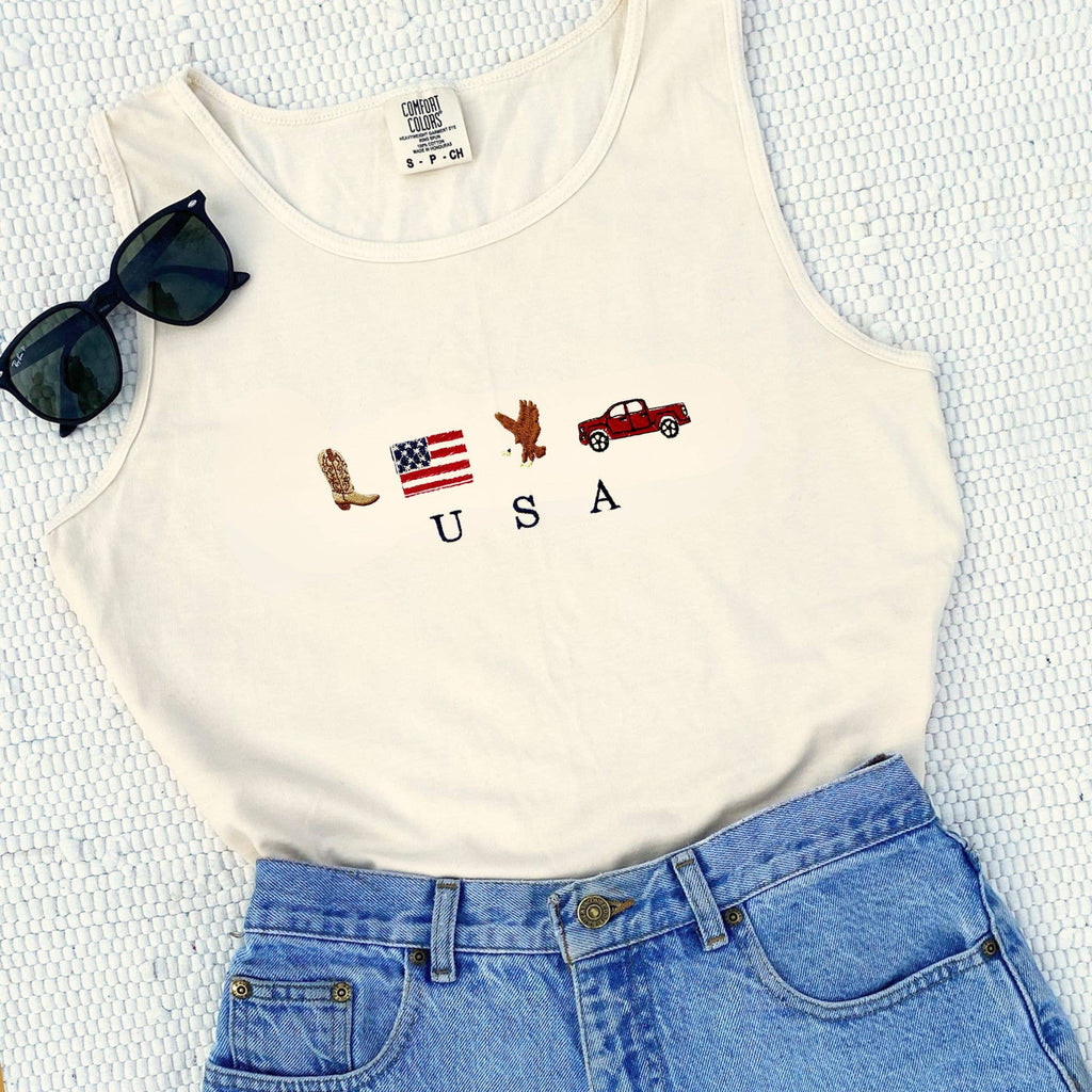 Embroidered USA Icons Comfort Colors Tank Top | 4th Of July