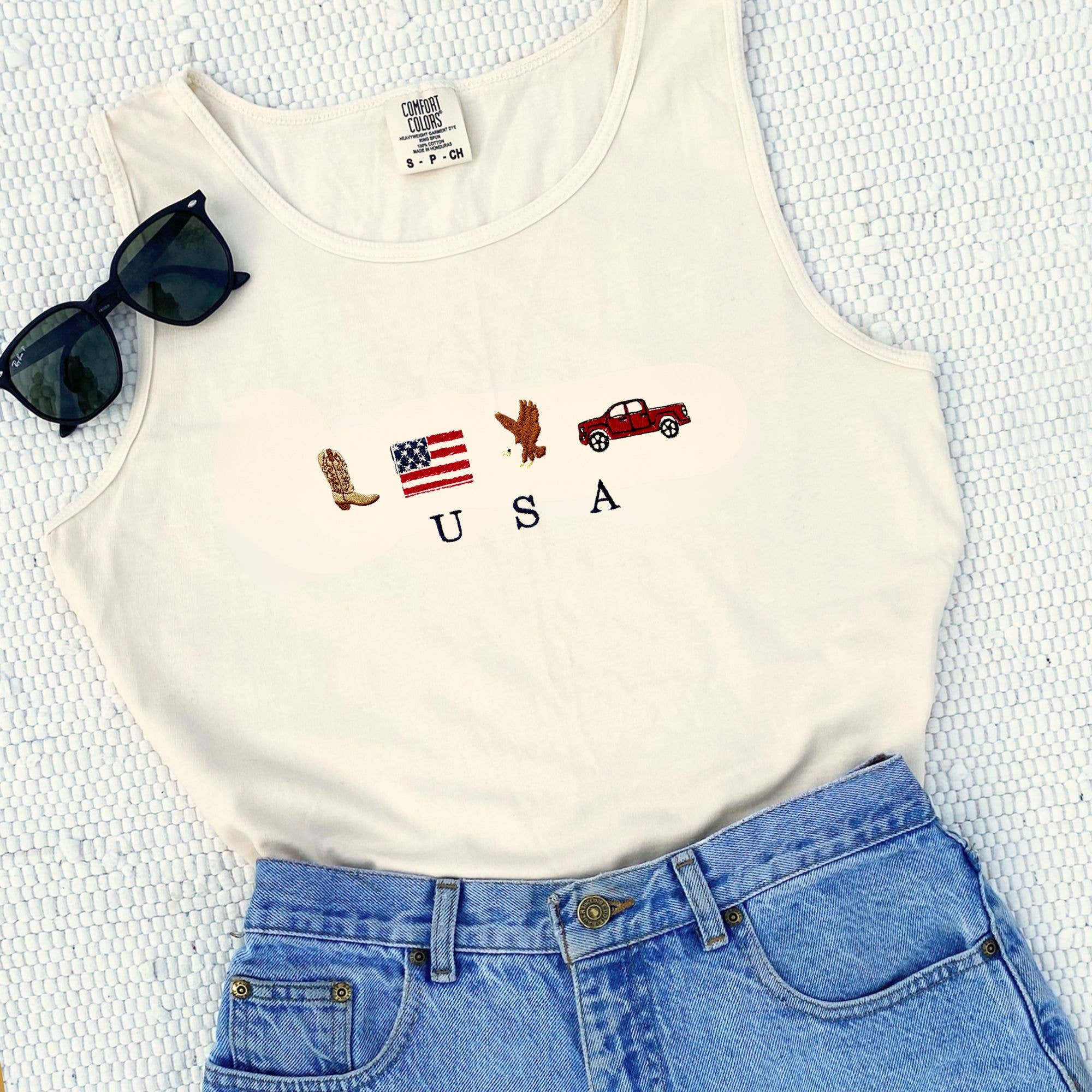 Embroidered USA Icons Comfort Colors Tank Top | 4th Of July