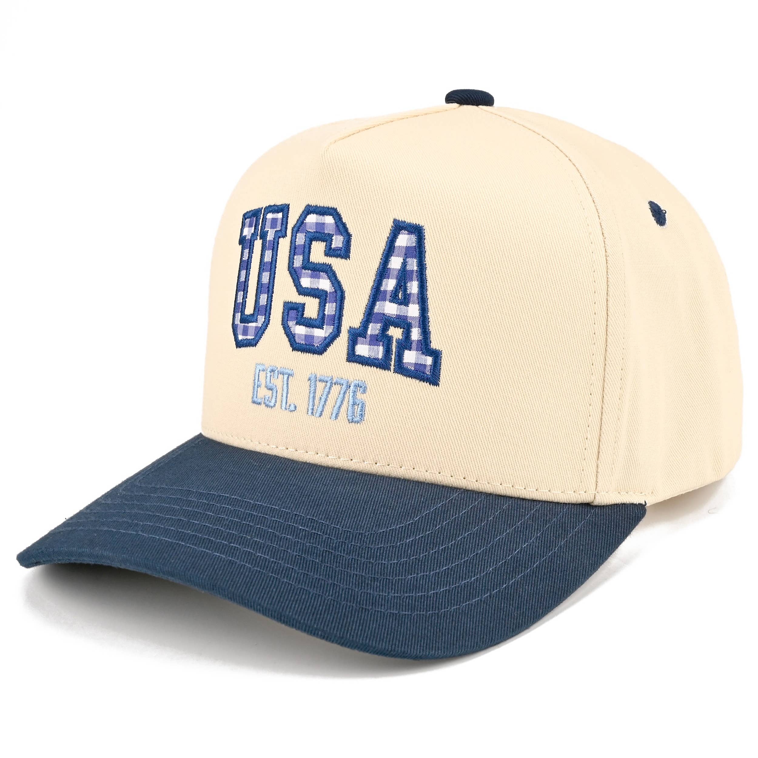 C.C Gingham Check USA EST 1776 Letter Two Tone Trucker Hat: Navy
