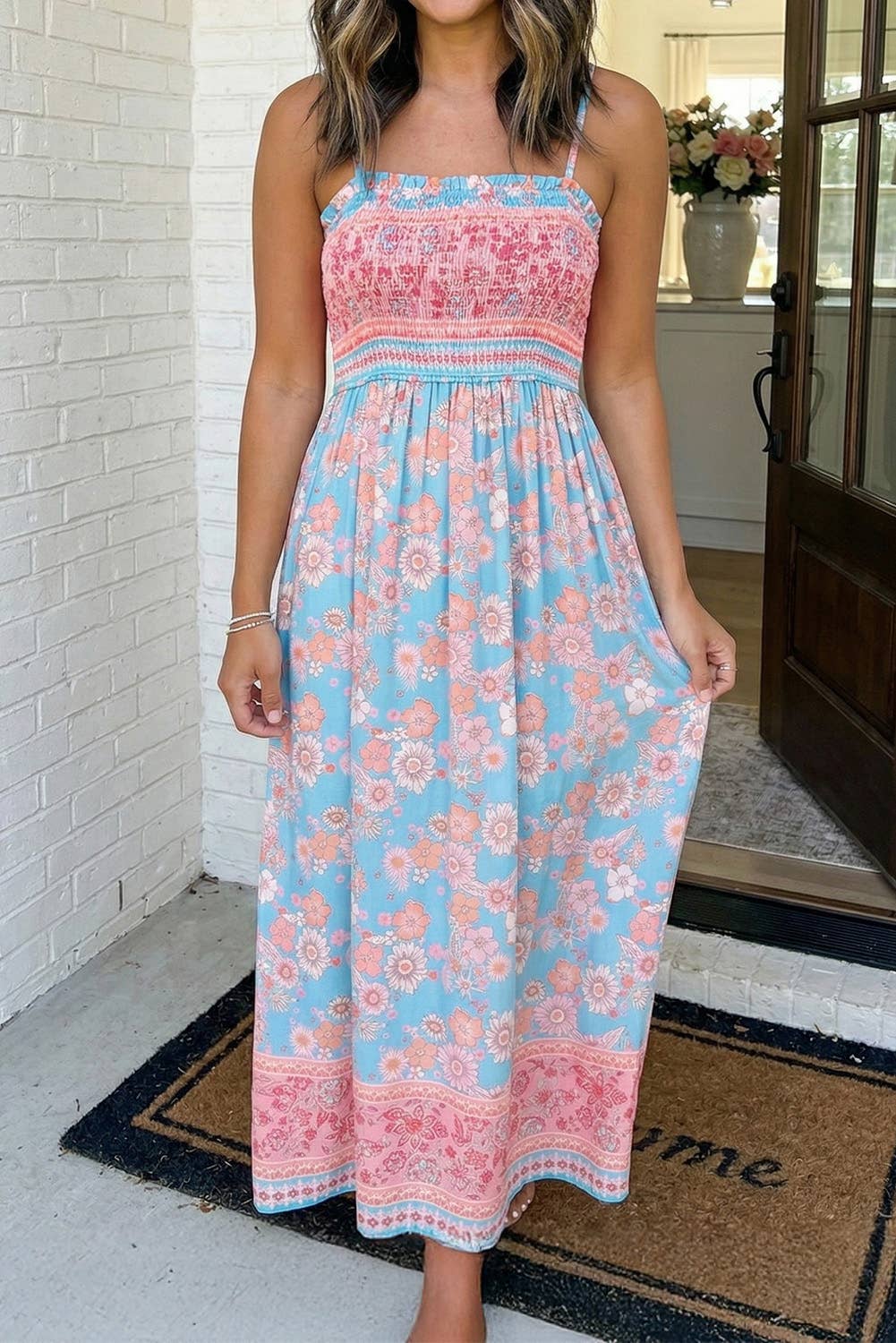 LAS Ethnic Floral Spaghetti Strap Vacation Maxi Skirt (S-XL)