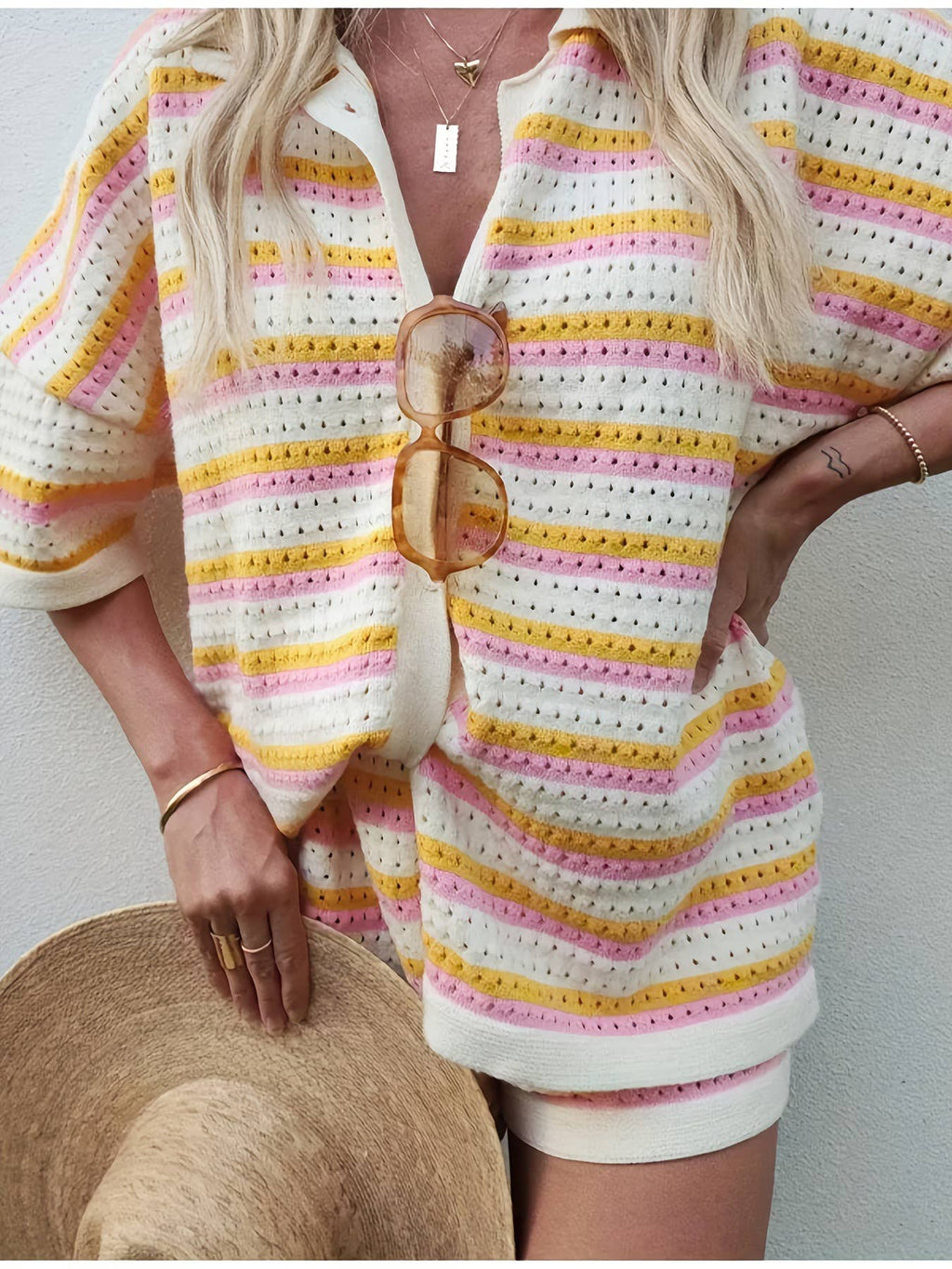 Stripe Short Sleeve Shorts Set