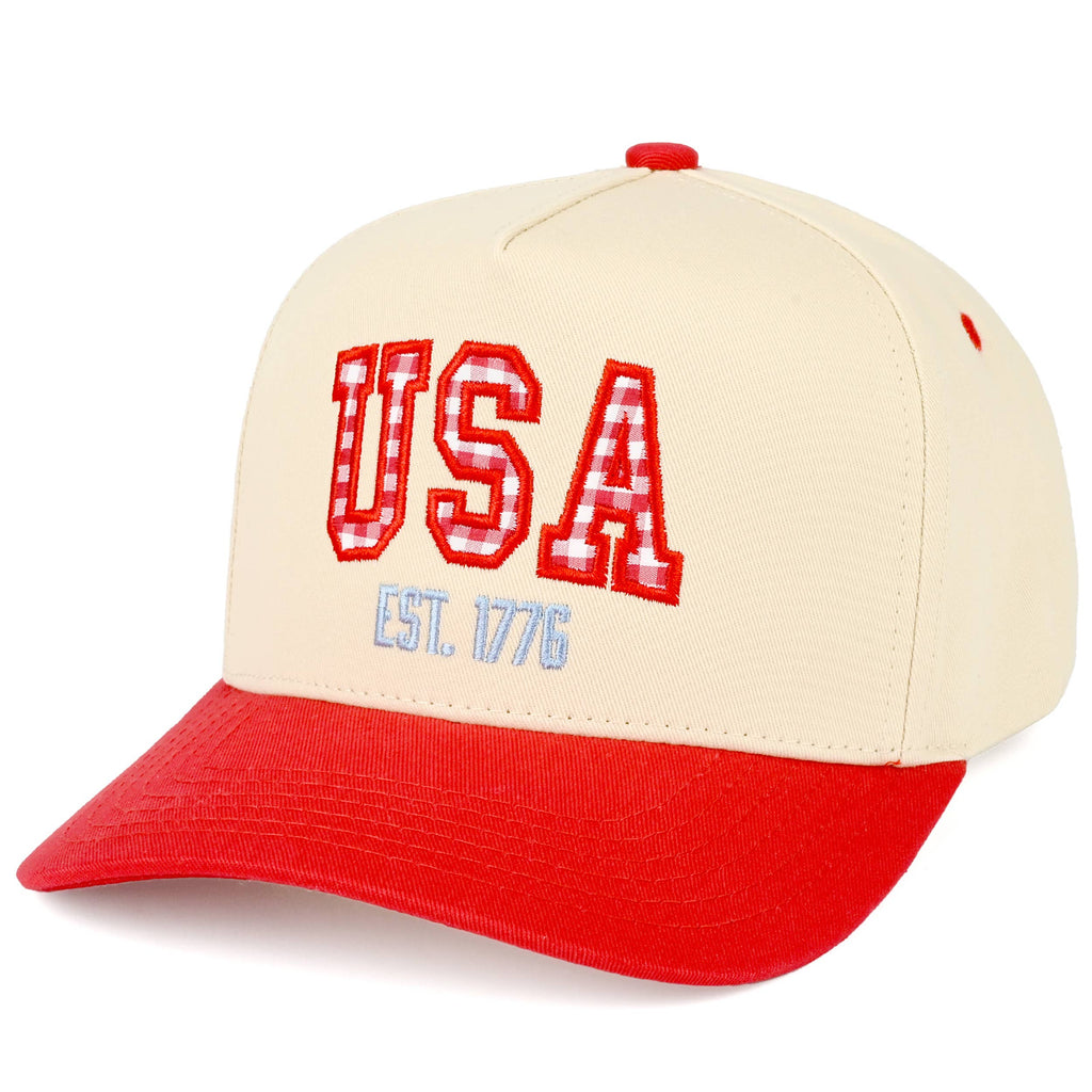 C.C Gingham Check USA EST 1776 Letter Two Tone Trucker Hat: Navy