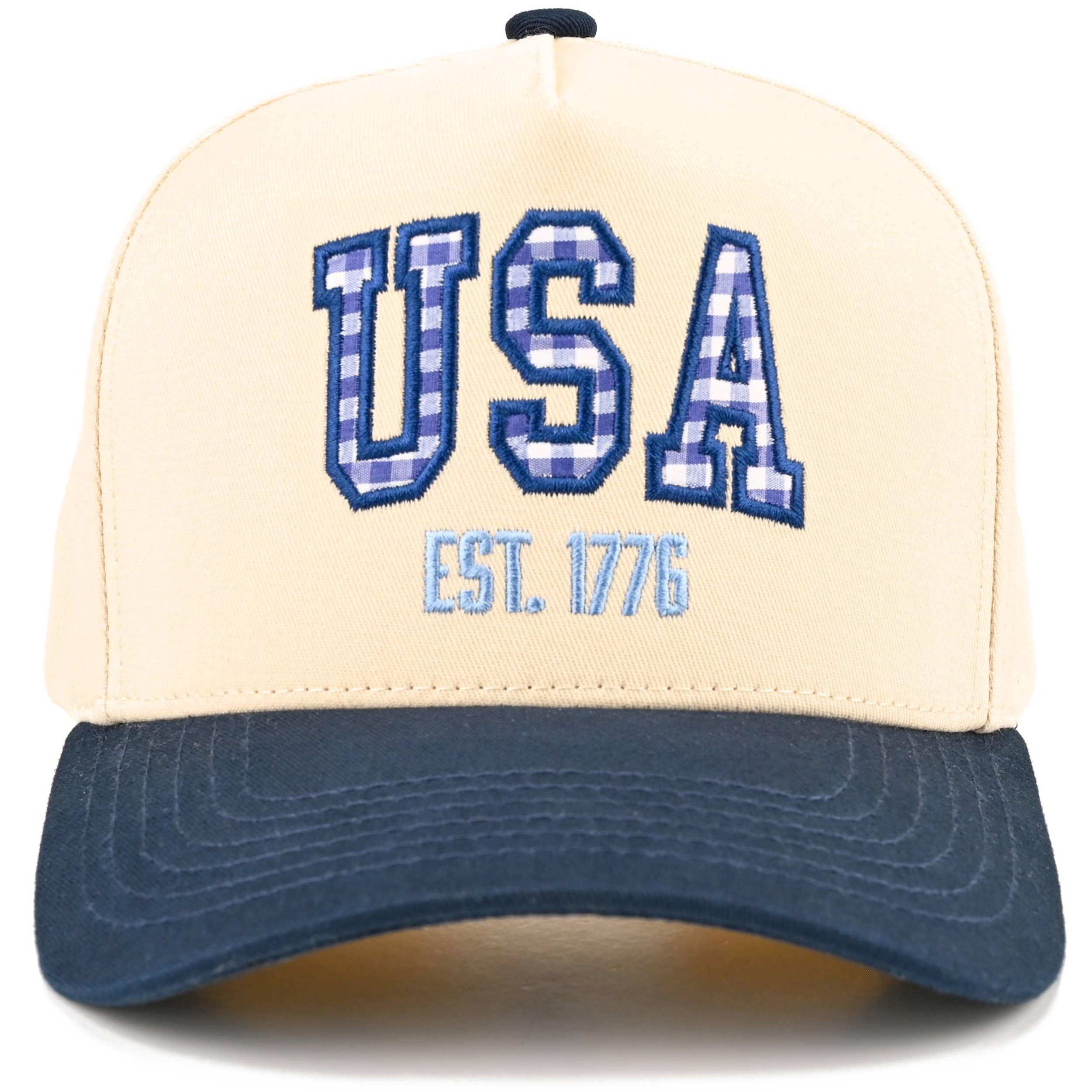 C.C Gingham Check USA EST 1776 Letter Two Tone Trucker Hat: Navy
