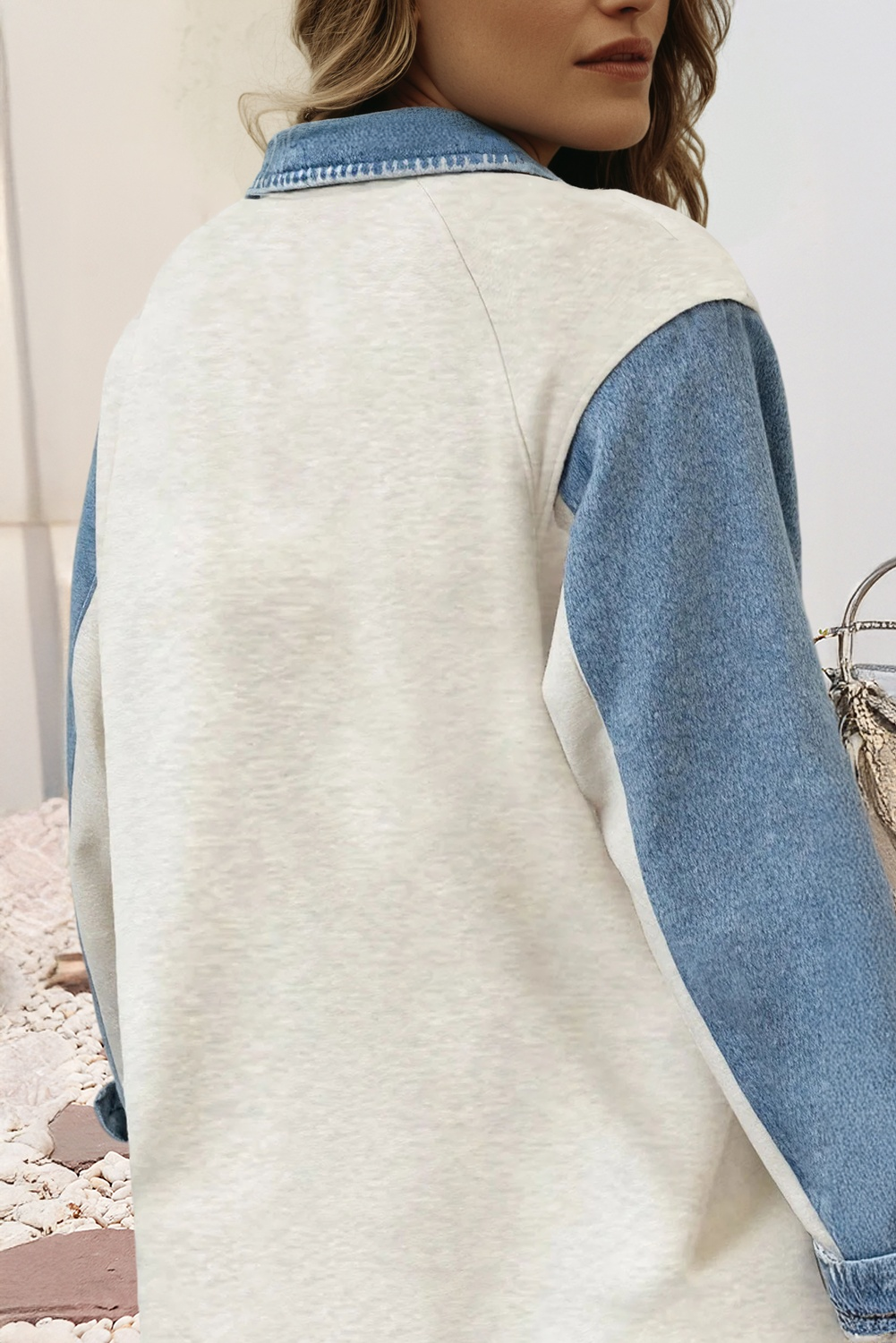 Denim Patchwork Buttoned Collared Polo