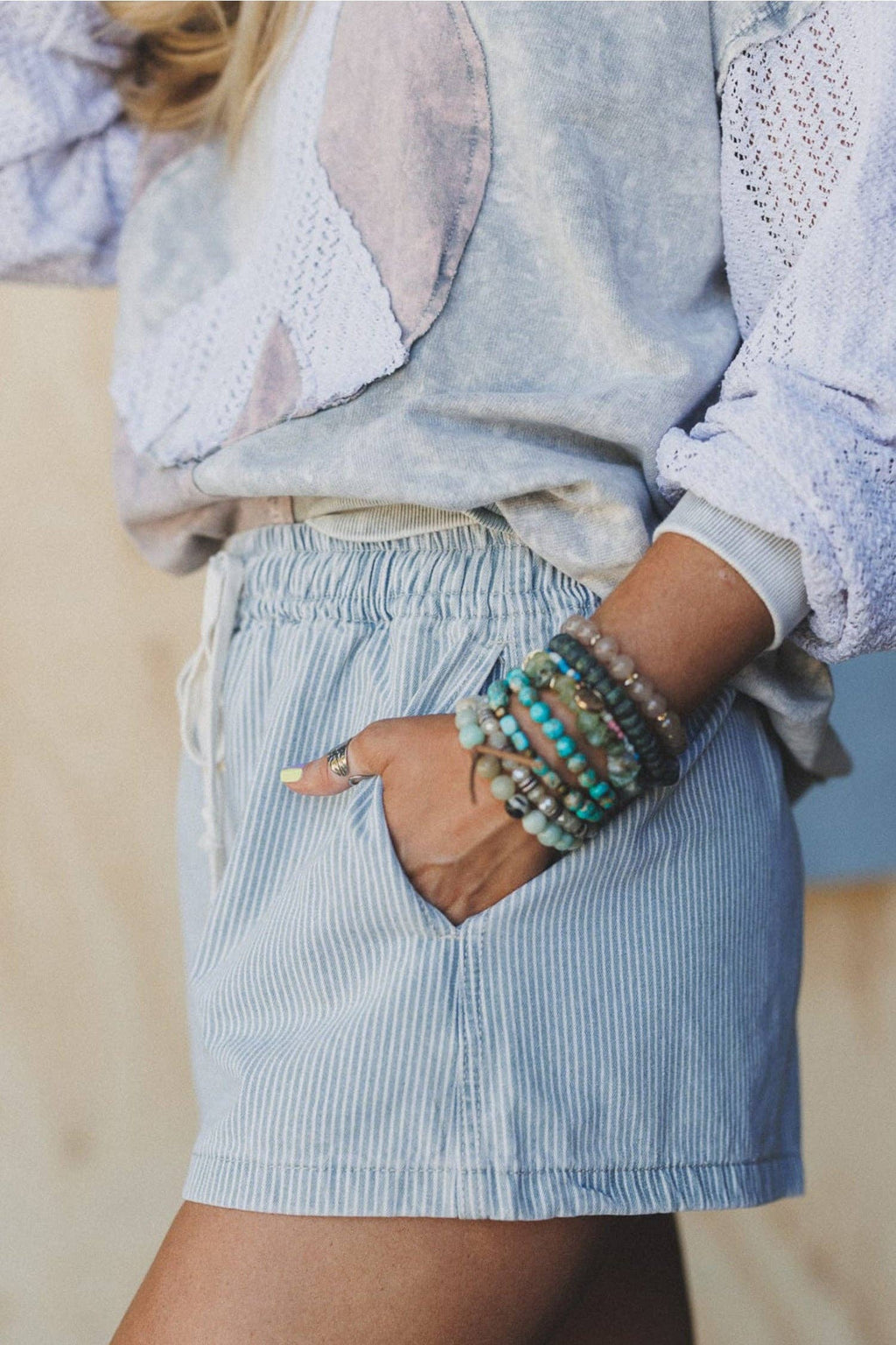 Blue Stripe Drawstring Shorts