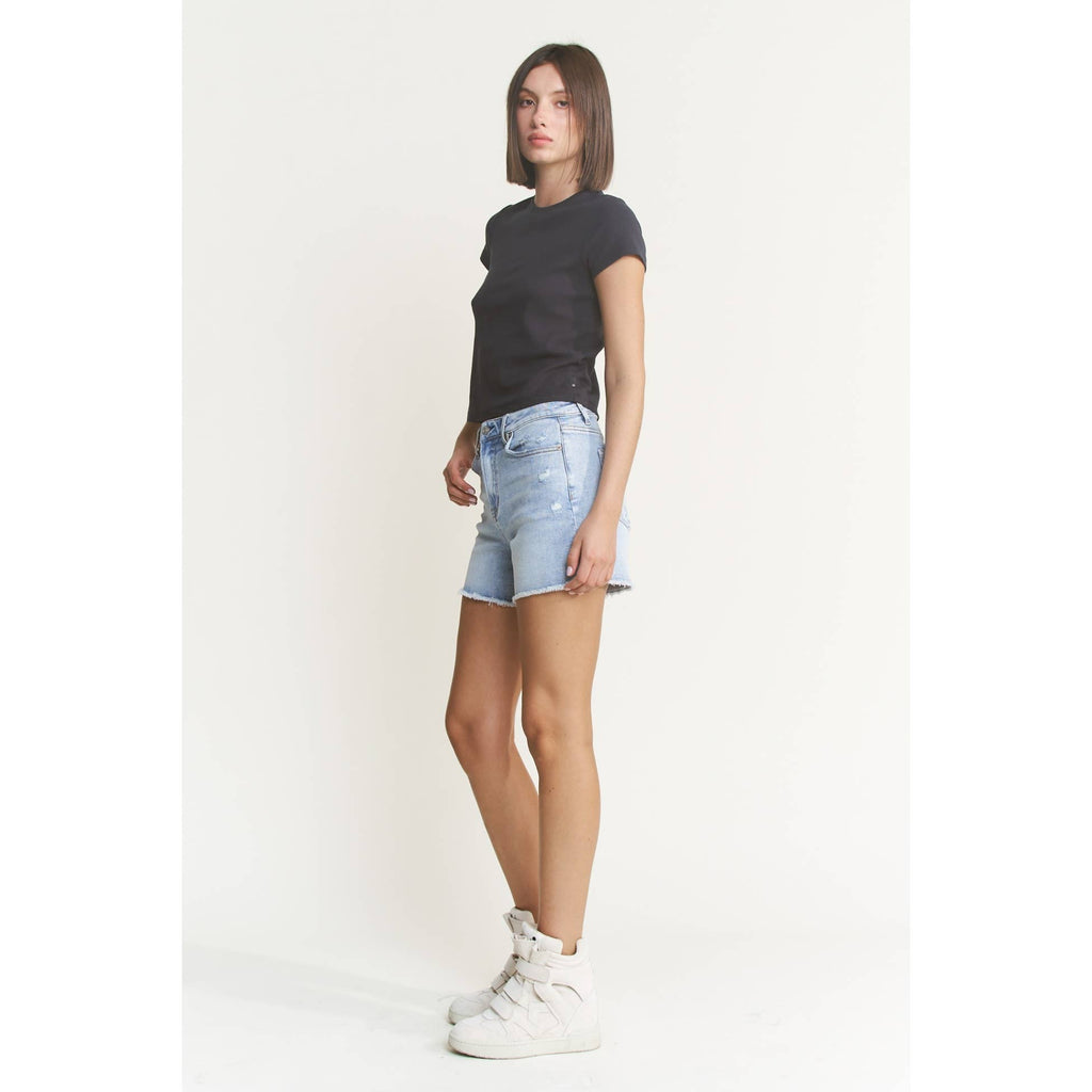Mica Super High Rise Light Wash Shorts With Frayed Raw Hem