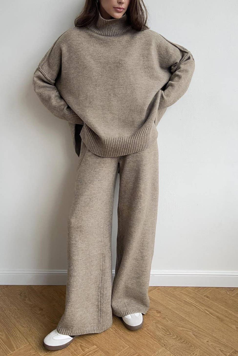 Turtleneck Knit Sweater Wide Leg Pant Set