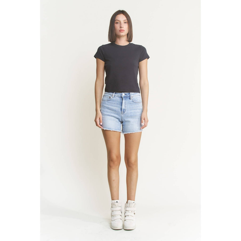 Mica Super High Rise Light Wash Shorts With Frayed Raw Hem