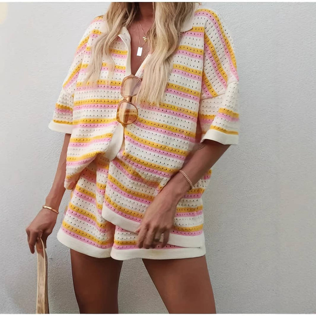 Stripe Short Sleeve Shorts Set