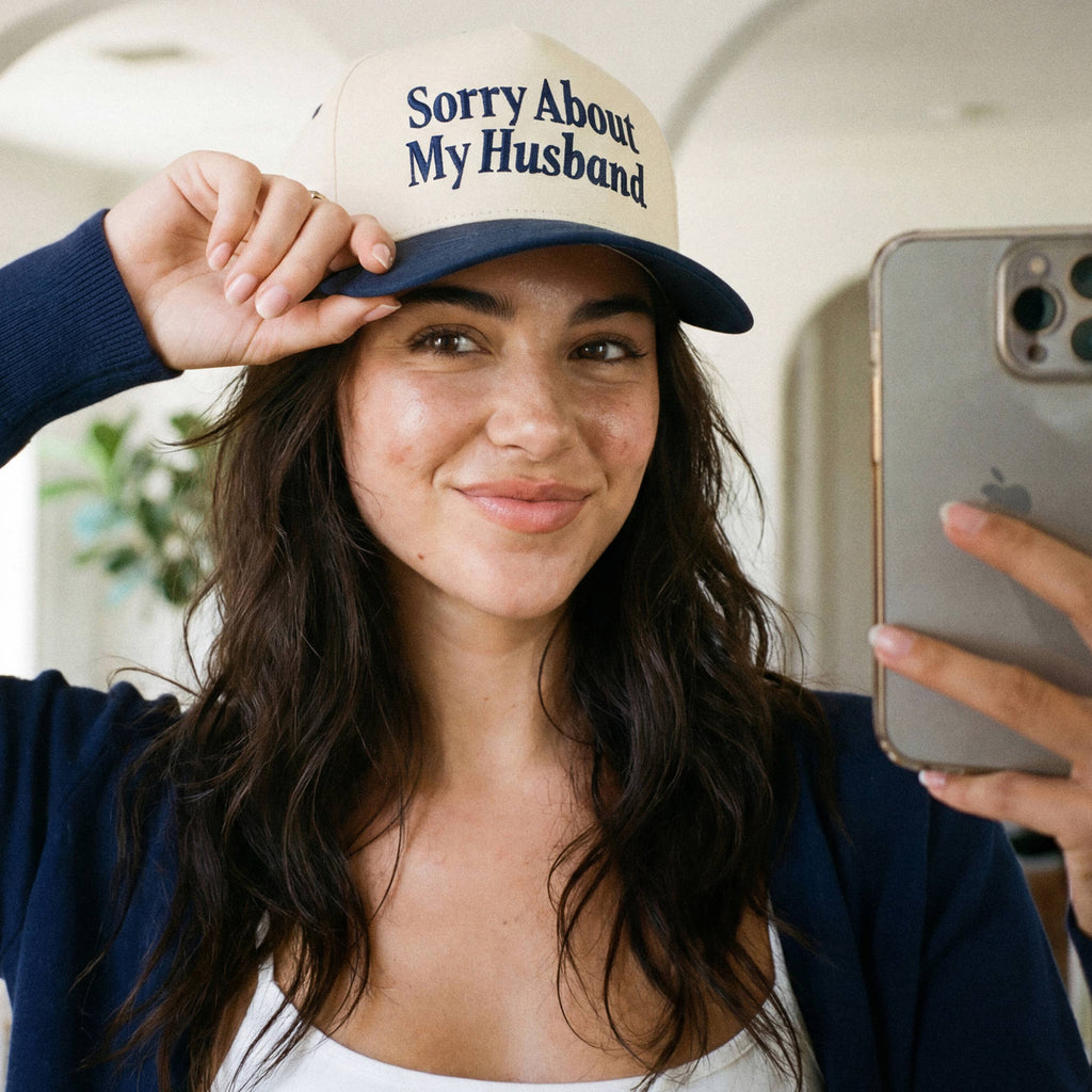C.C SORRY ABOUT MY HUSBAND Letter Two Tone Trucker Hat: Red
