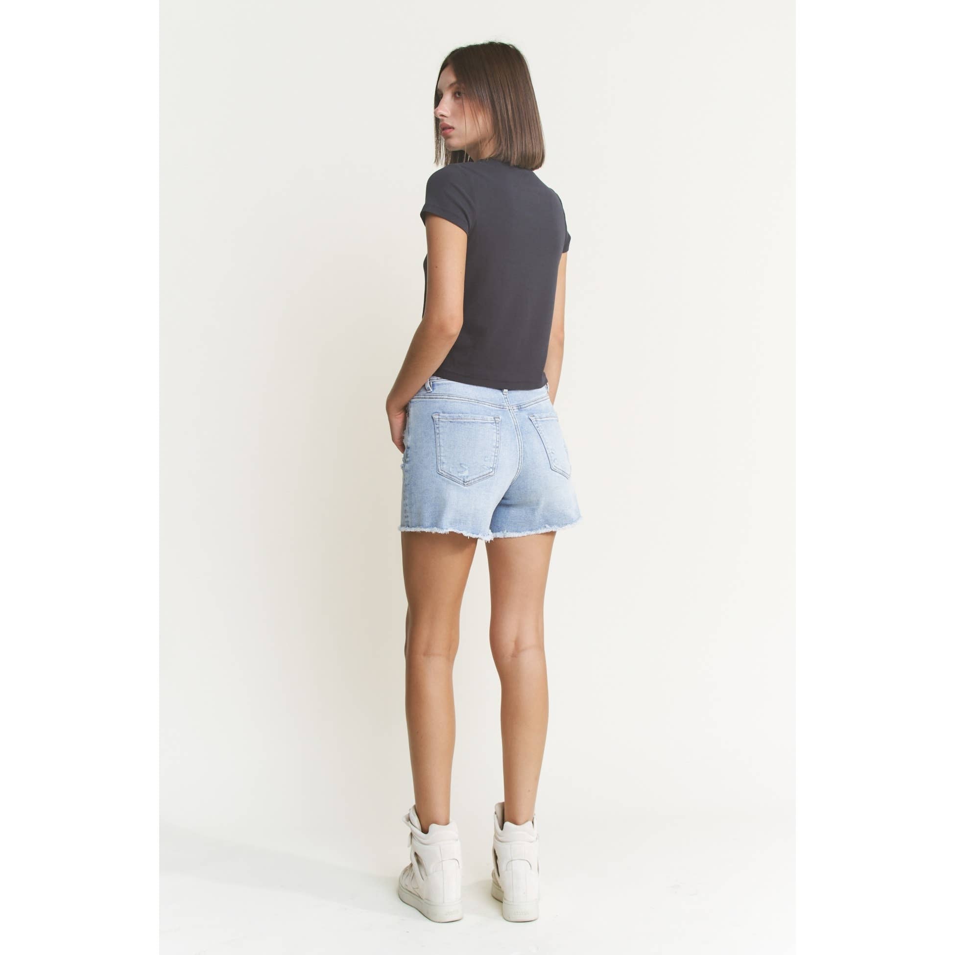 Mica Super High Rise Light Wash Shorts With Frayed Raw Hem