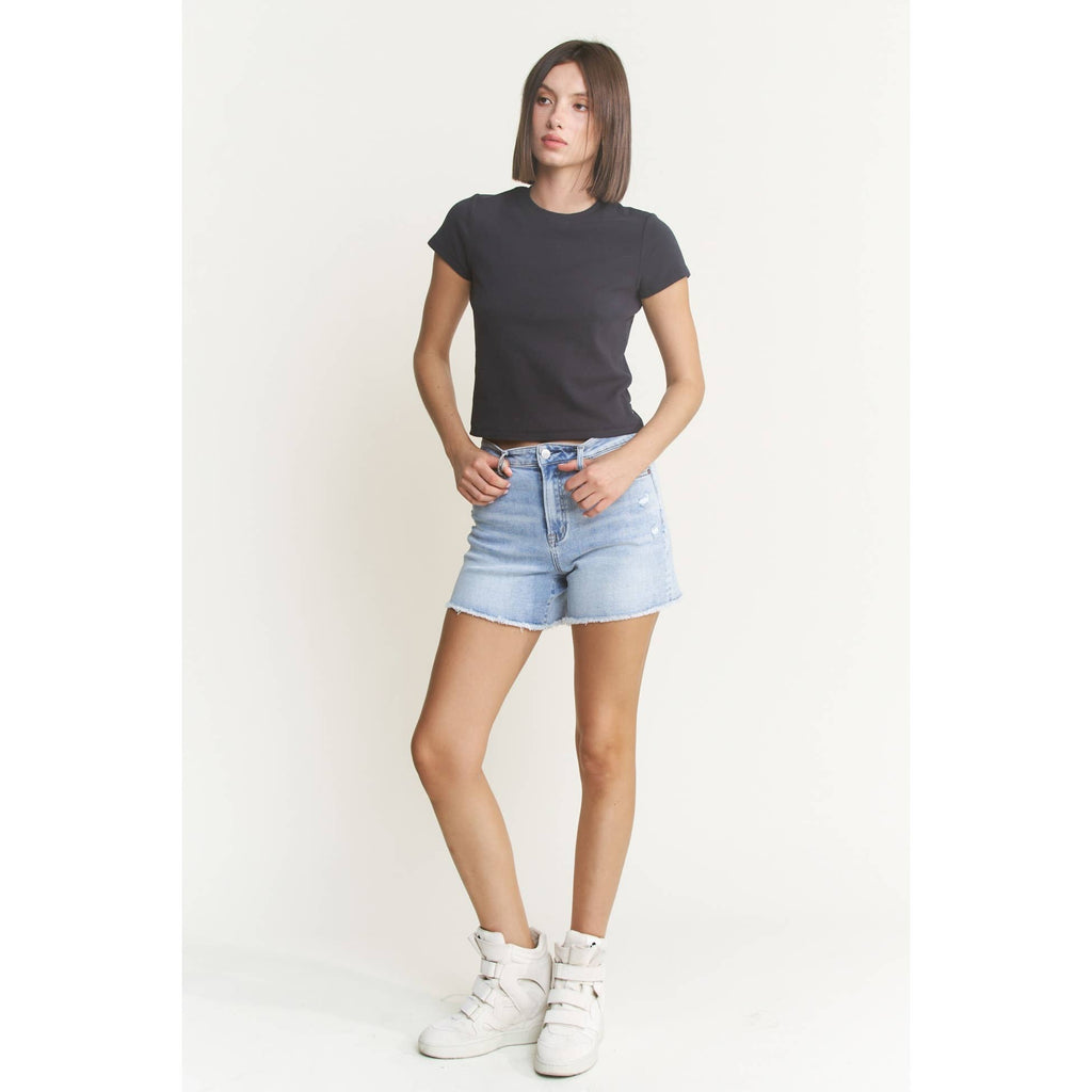 Mica Super High Rise Light Wash Shorts With Frayed Raw Hem