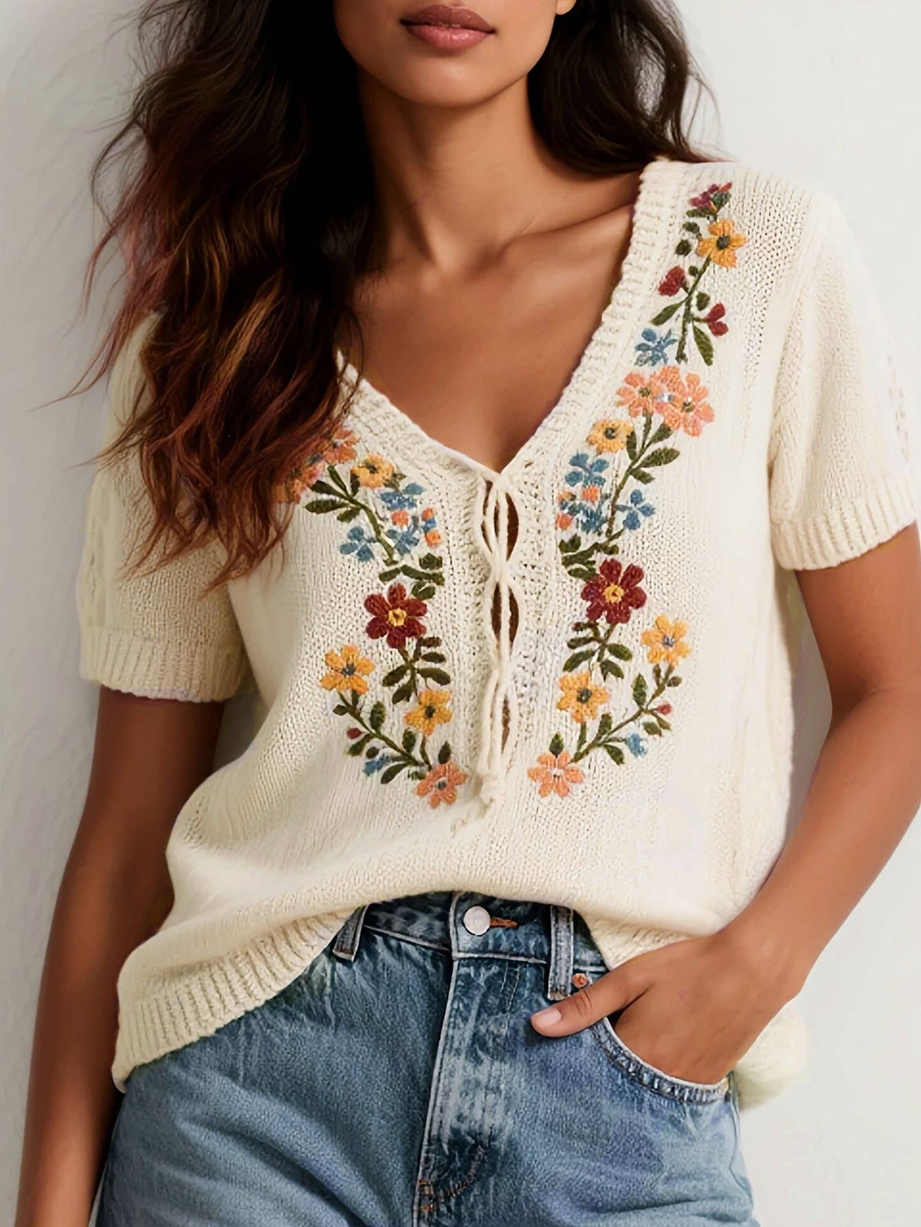 Knitted Flower Embroidered Top