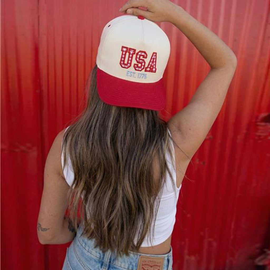 C.C Gingham Check USA EST 1776 Letter Two Tone Trucker Hat: Navy